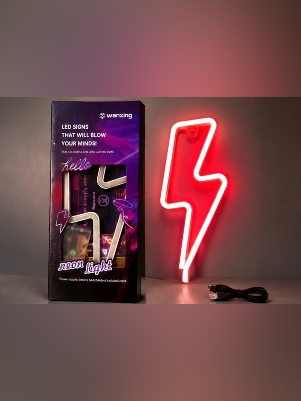 Neon Lightning Bolt LED Sign Red USB Battery NWT